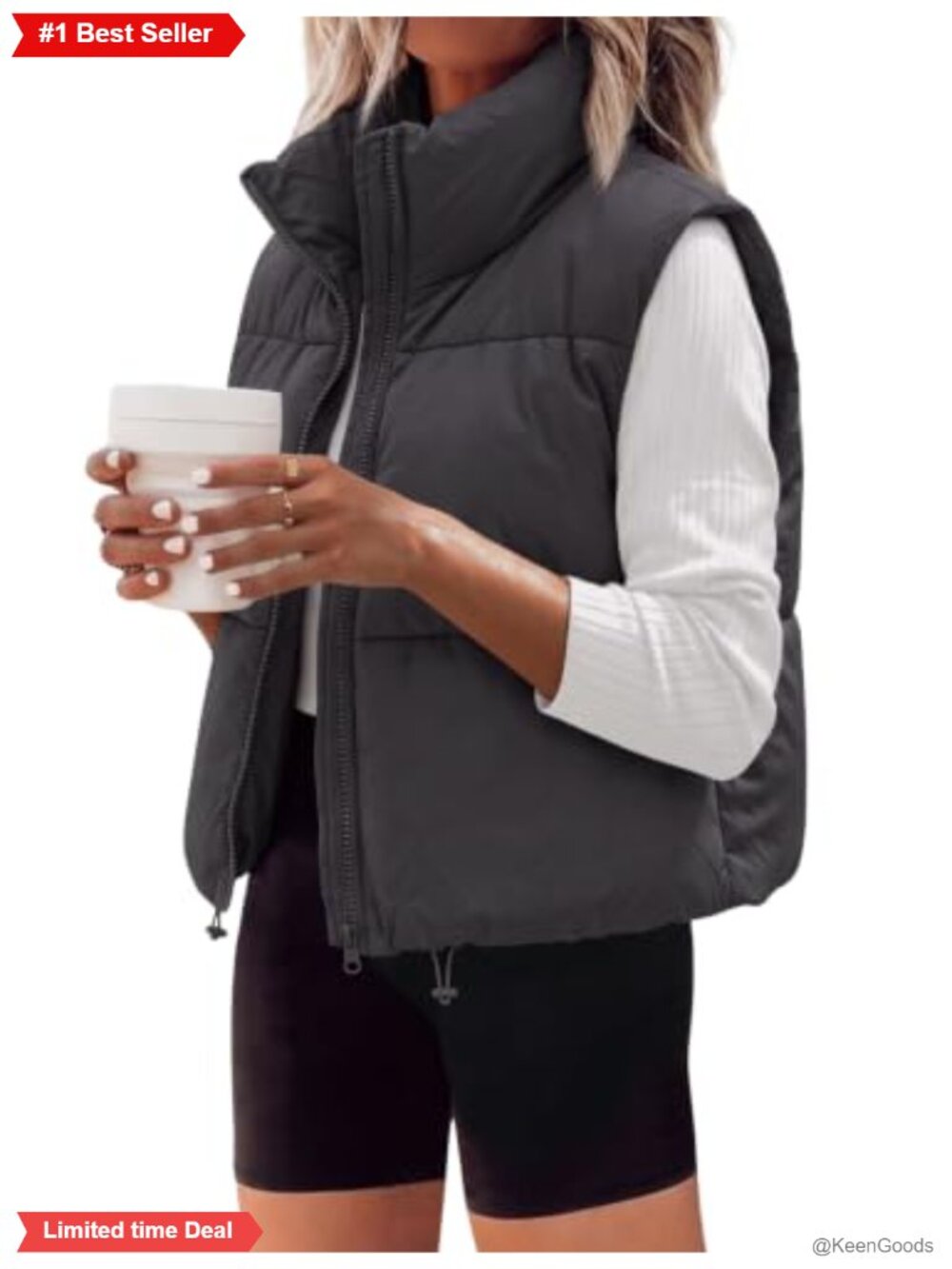 Cropped Puffer Vest Zip Up Stand Collar Sleeveless Quilted Padded